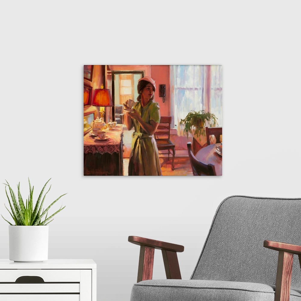 A modern room featuring Traditional representational nostalgic painting of a woman at the buffet sideboard, drinking a cu...
