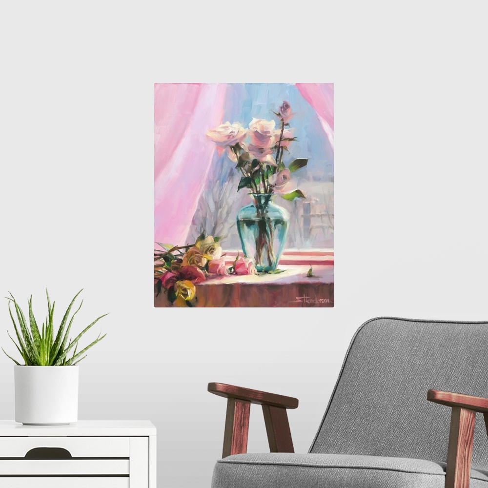 A modern room featuring Traditional impressionist painting of a country vase of flowers sitting on the windowsill with th...