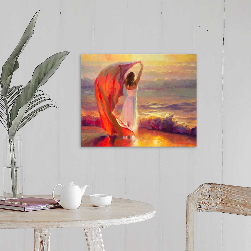 A farmhouse room featuring Traditional impressionist painting of a young beautiful woman standing at the beach, arms raised ...
