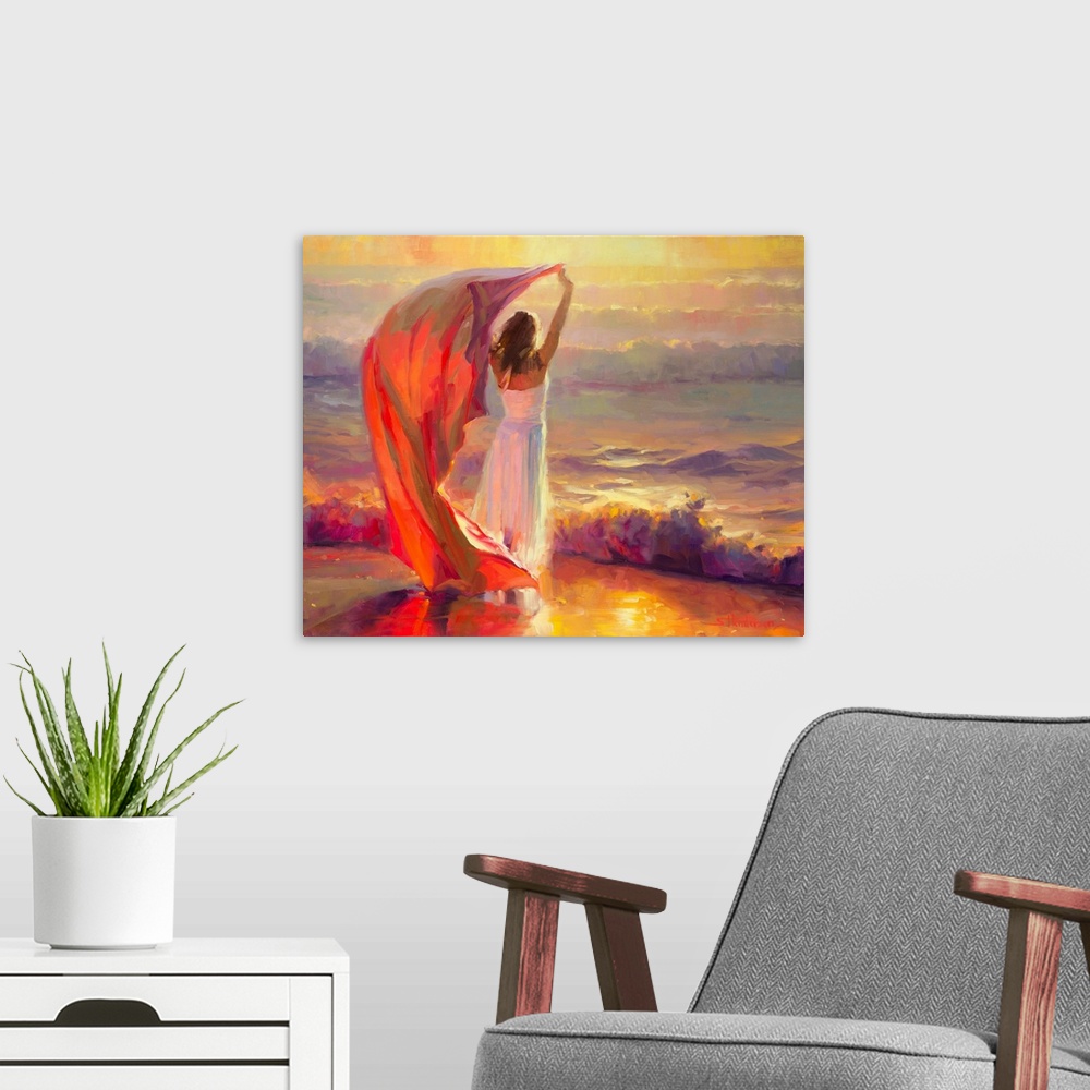 A modern room featuring Traditional impressionist painting of a young beautiful woman standing at the beach, arms raised ...