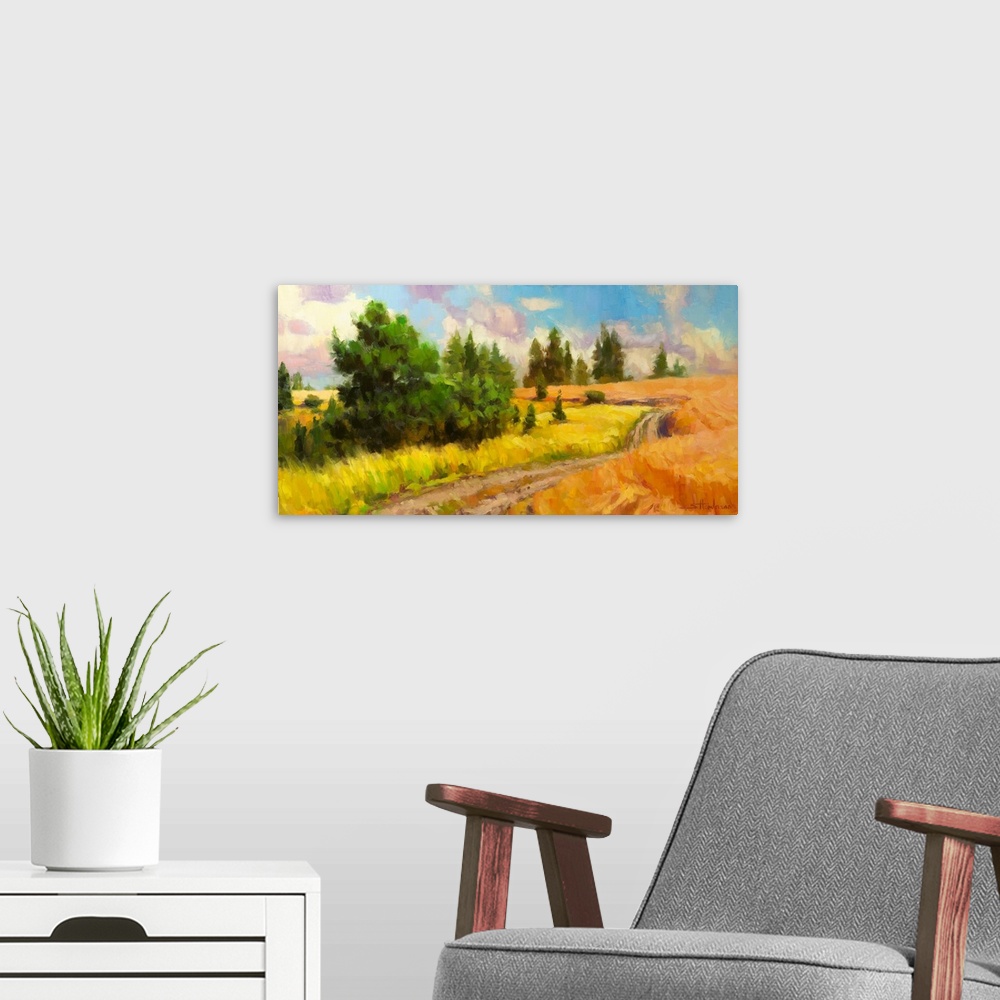 A modern room featuring Traditional impressionist landscape painting of a country dirt road winding through a golden mead...
