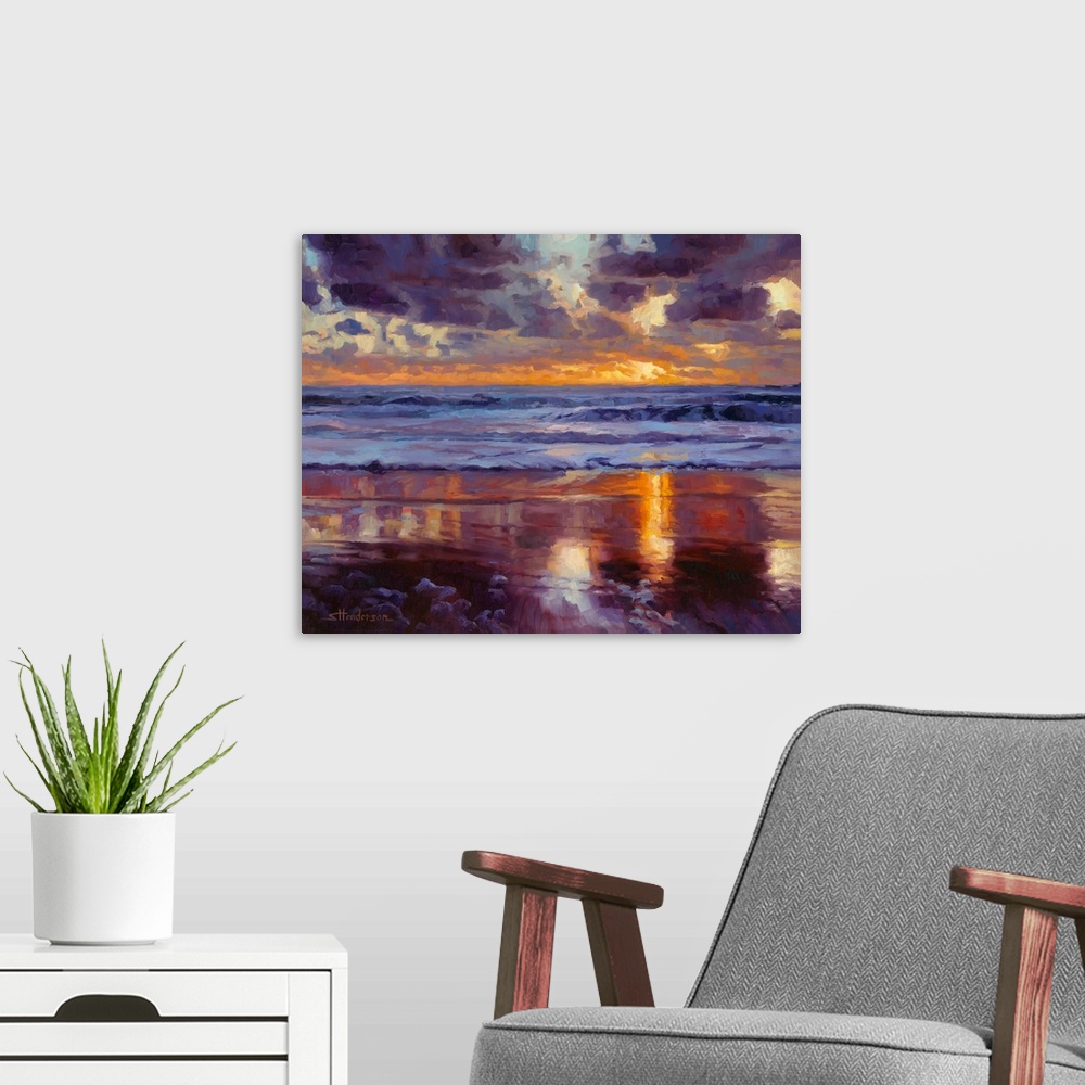 A modern room featuring Traditional impressionist painting of a beach at sunset, showing sand, water, and sky in varying ...