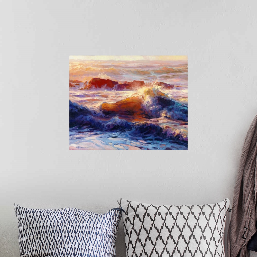 A bohemian room featuring Traditional impressionist painting of waves in the ocean, reflecting different colors because of ...