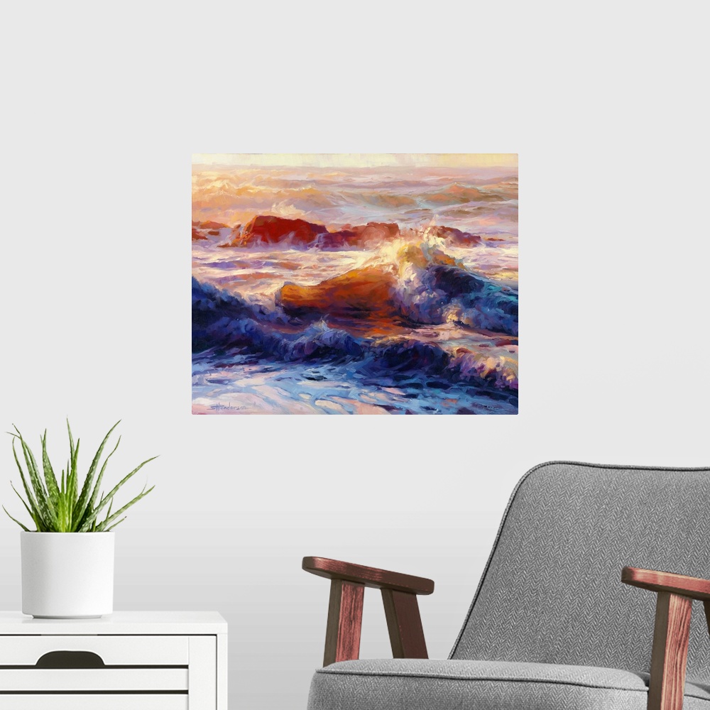 A modern room featuring Traditional impressionist painting of waves in the ocean, reflecting different colors because of ...
