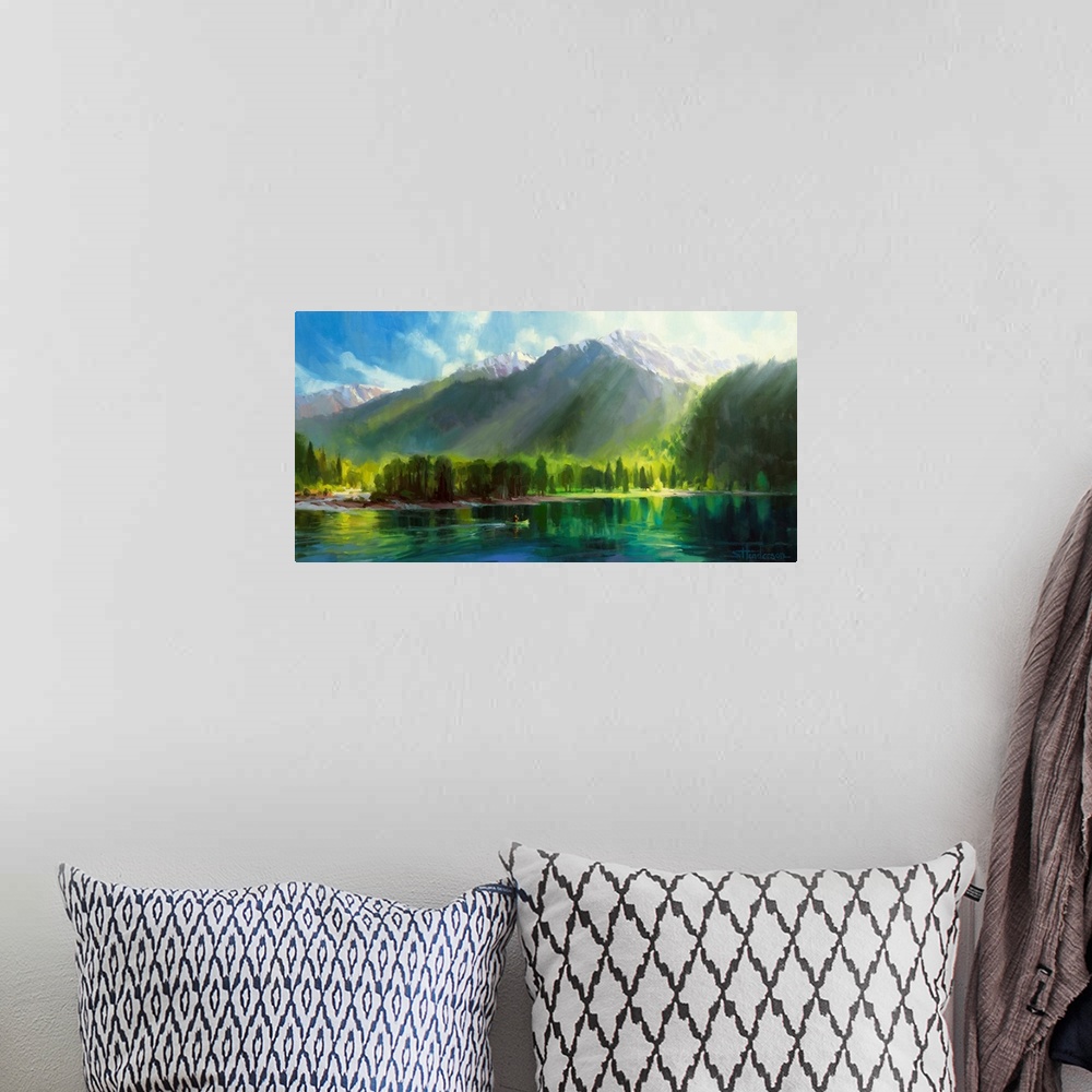 A bohemian room featuring Traditional representational painting of a man in a canoe, paddling on a still lake that is surro...