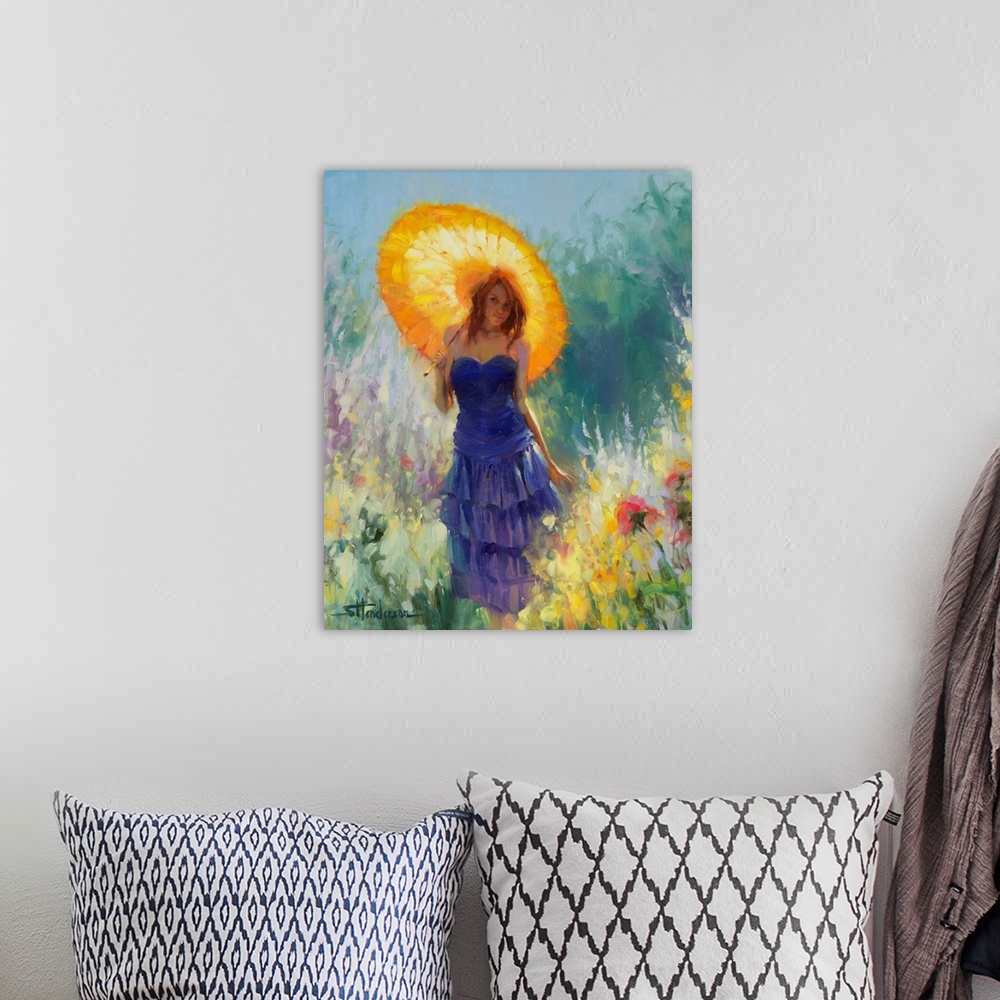 A bohemian room featuring Traditional impressionist painting of a young, redheaded woman strolling through a country garden...