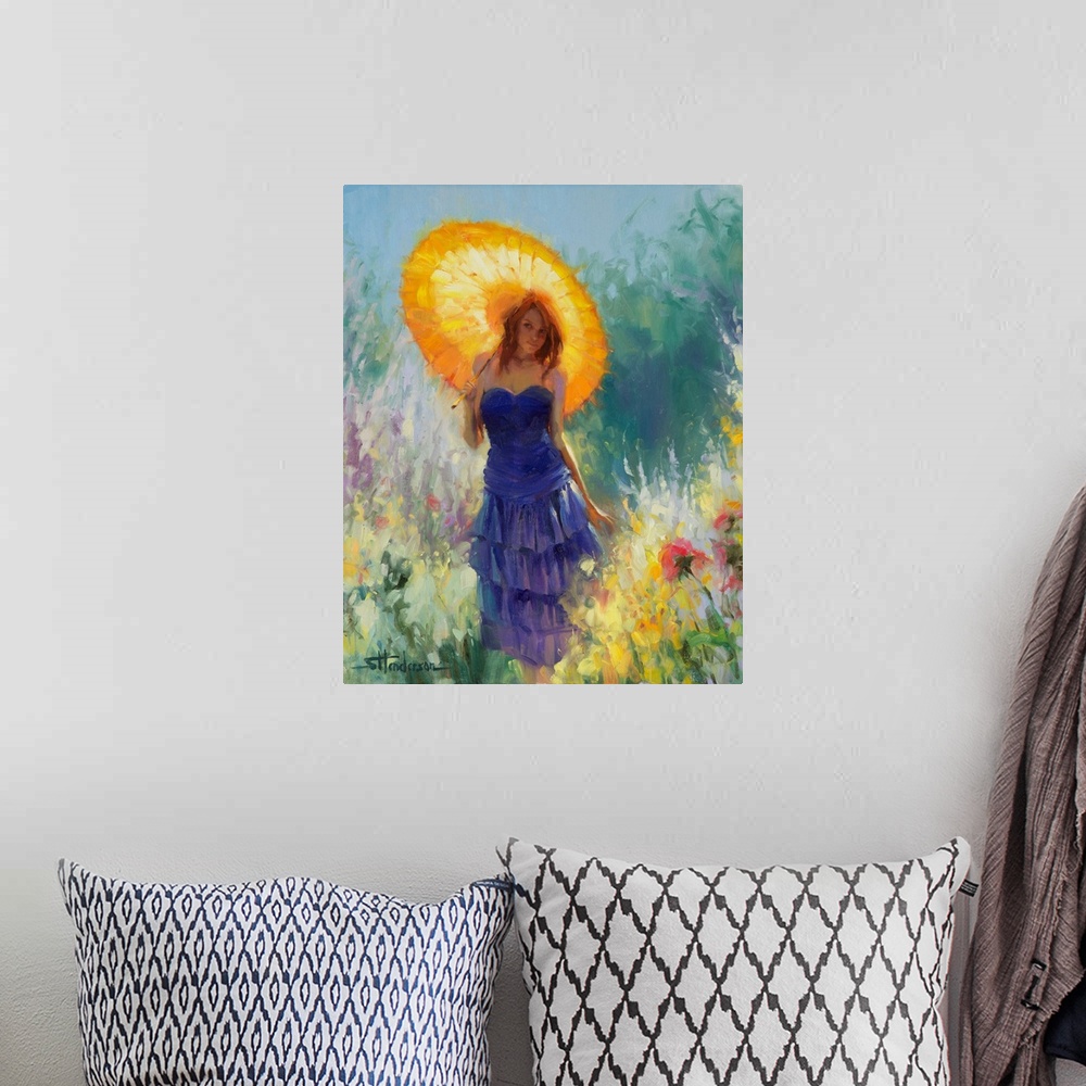 A bohemian room featuring Traditional impressionist painting of a young, redheaded woman strolling through a country garden...