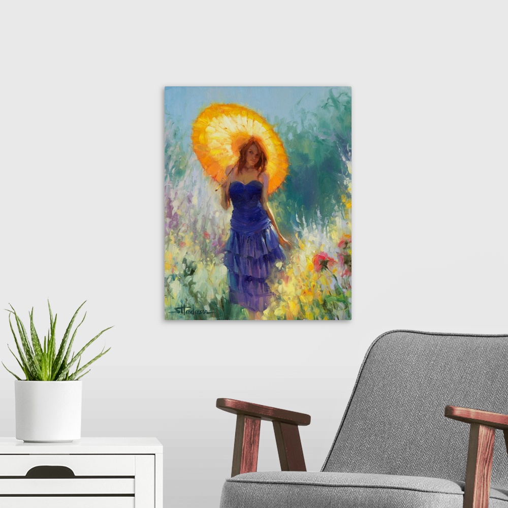 A modern room featuring Traditional impressionist painting of a young, redheaded woman strolling through a country garden...