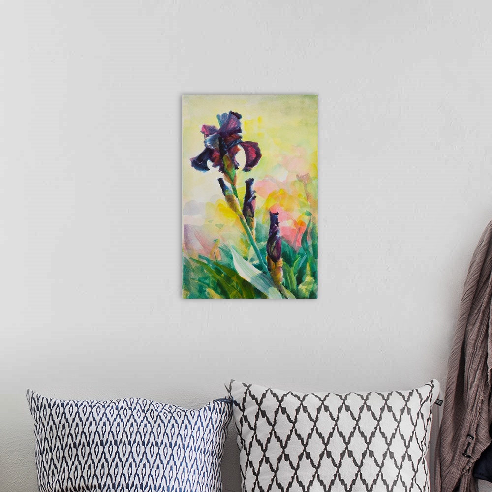 A bohemian room featuring Traditional impressionist watercolor painting of a blooming purple beaded iris in a spring countr...