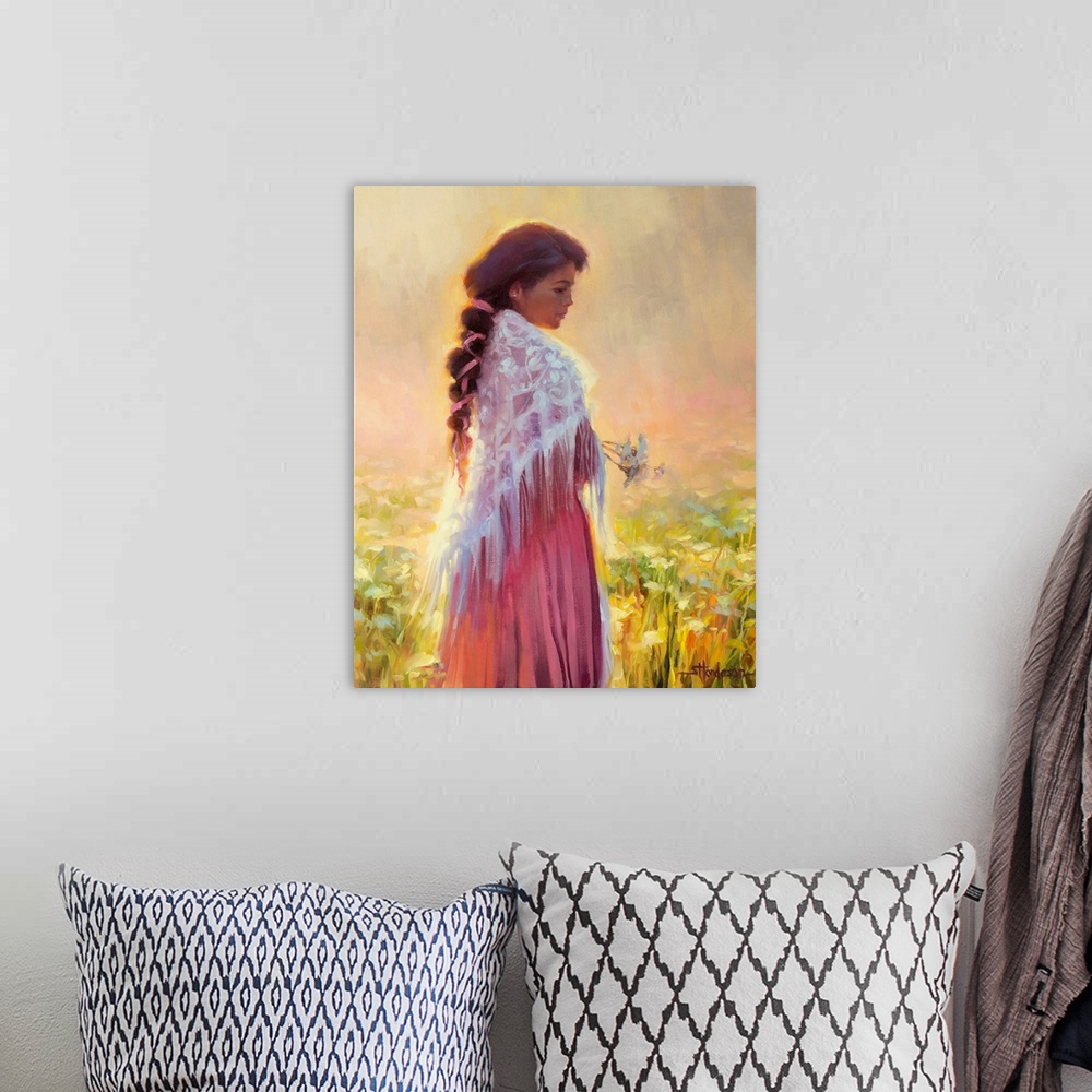 A bohemian room featuring Traditional impressionist painting of a young woman standing in a country field of flowers in the...