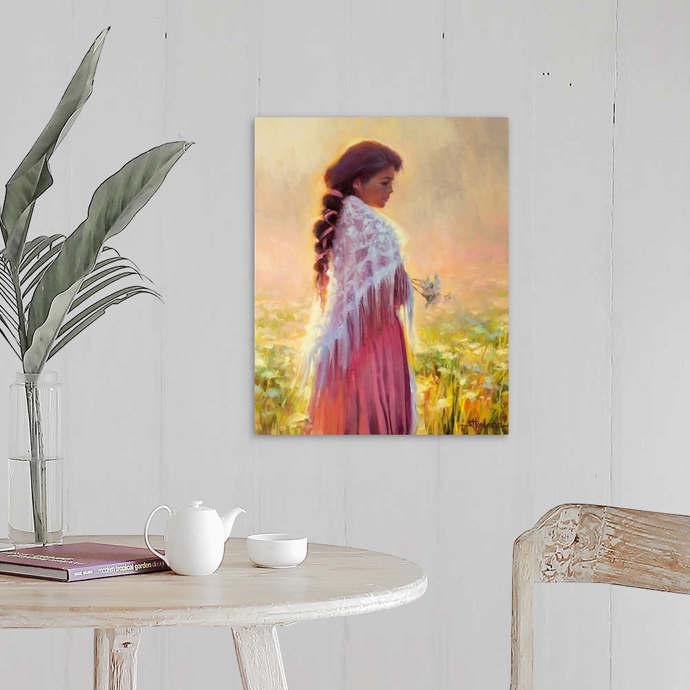 A farmhouse room featuring Traditional impressionist painting of a young woman standing in a country field of flowers in the...