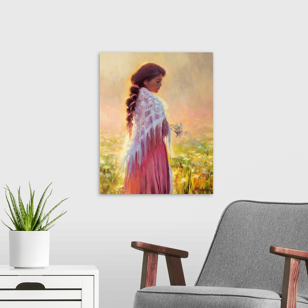 A modern room featuring Traditional impressionist painting of a young woman standing in a country field of flowers in the...