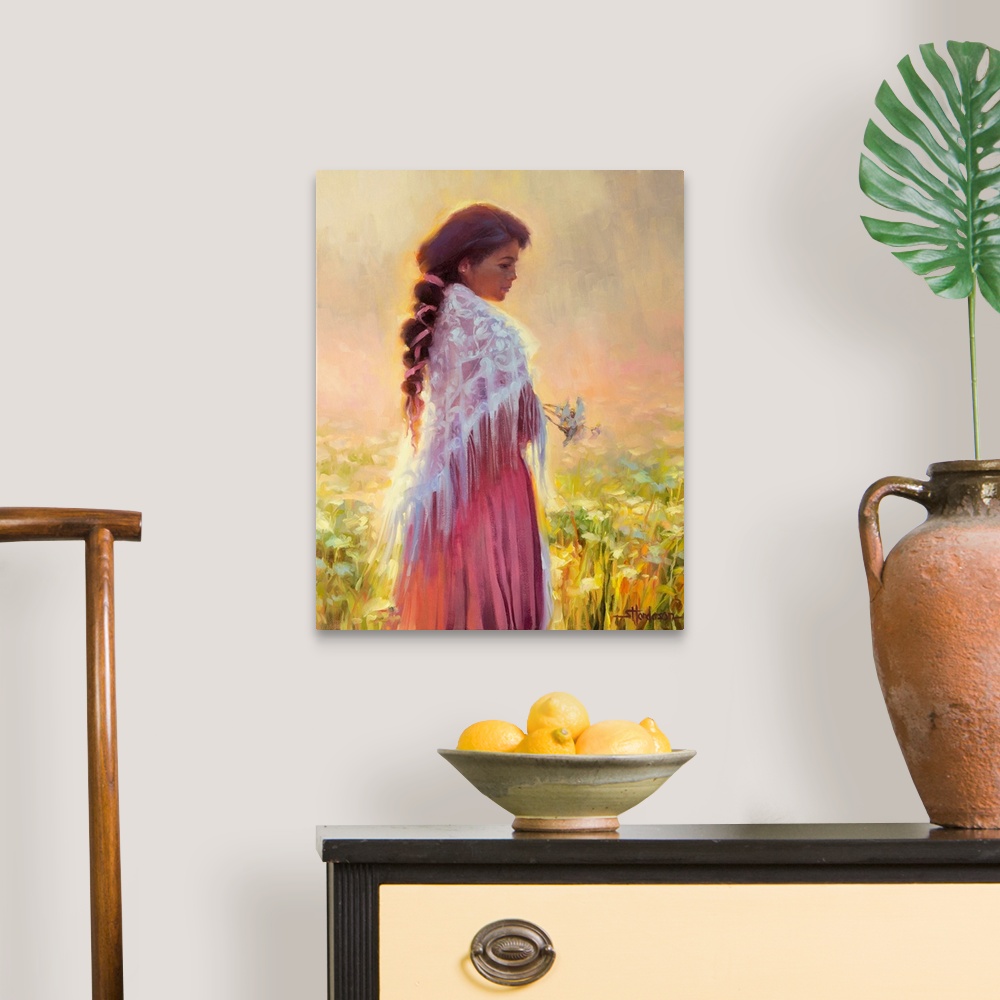 A traditional room featuring Traditional impressionist painting of a young woman standing in a country field of flowers in the...