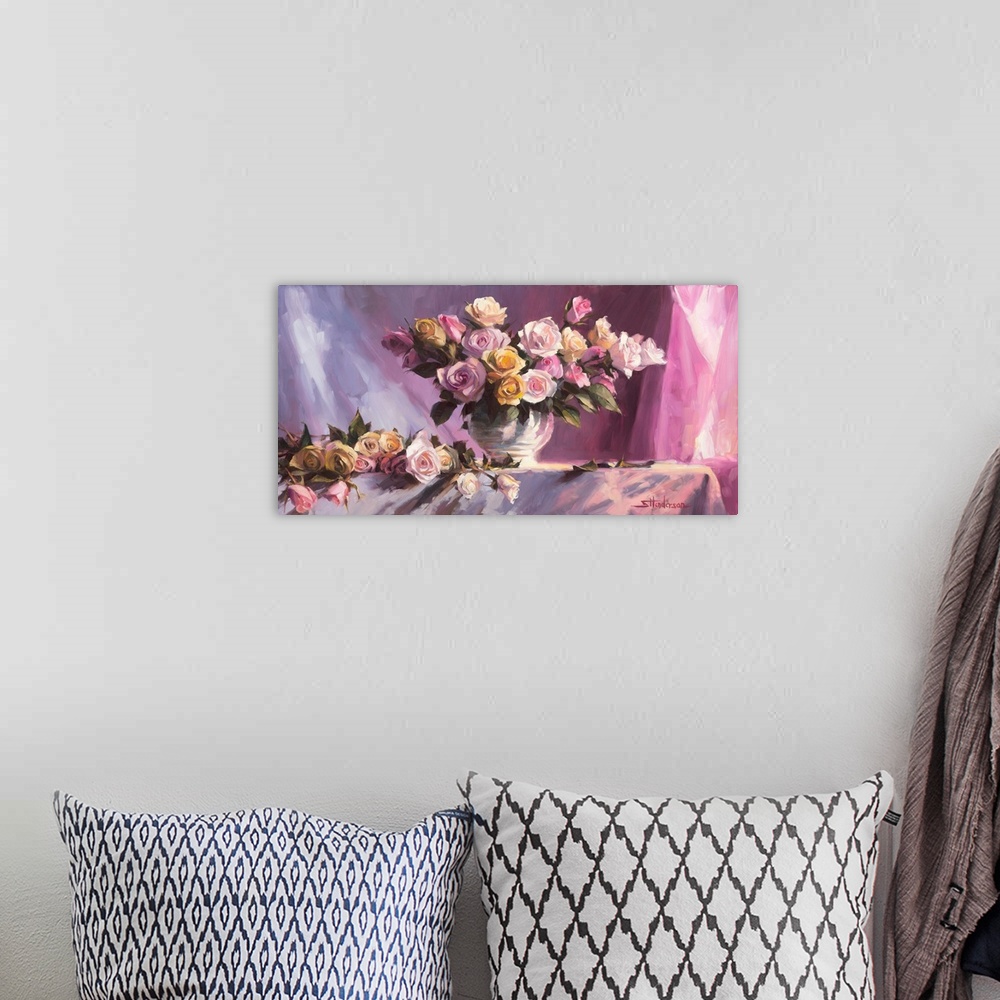 A bohemian room featuring Traditional impressionist still life painting of a bouquet of colorful roses in a vase atop a tab...