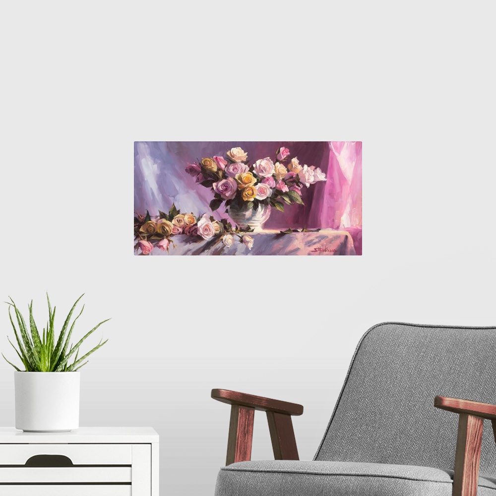 A modern room featuring Traditional impressionist still life painting of a bouquet of colorful roses in a vase atop a tab...