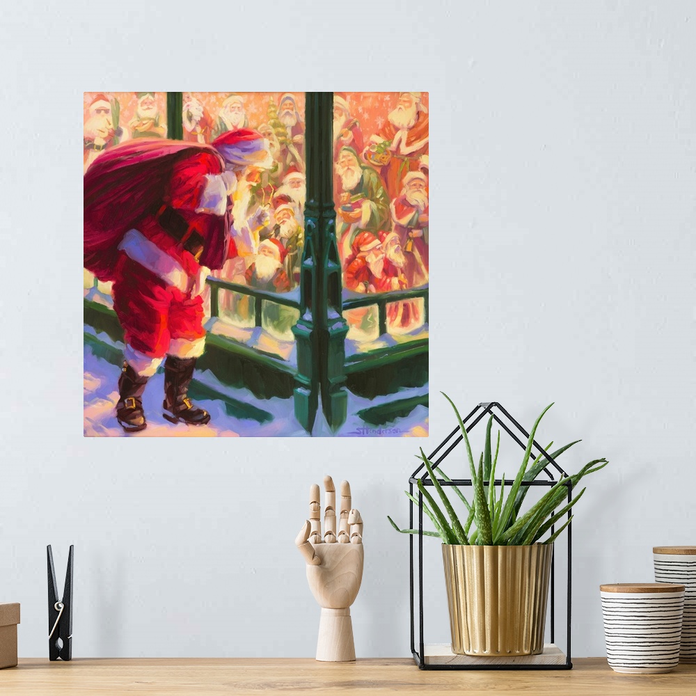 A bohemian room featuring Traditional representational holiday Christmas painting of Santa Claus on the sidewalk, looking t...