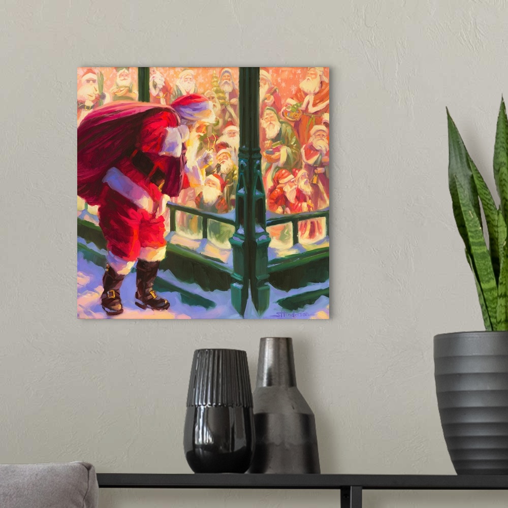 A modern room featuring Traditional representational holiday Christmas painting of Santa Claus on the sidewalk, looking t...