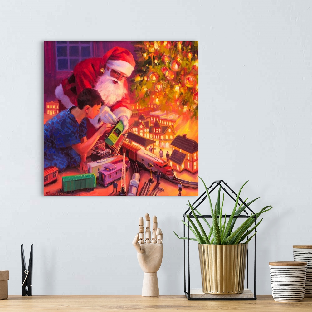 A bohemian room featuring Traditional representational holiday Christmas painting of Santa Claus in his North Pole study, l...