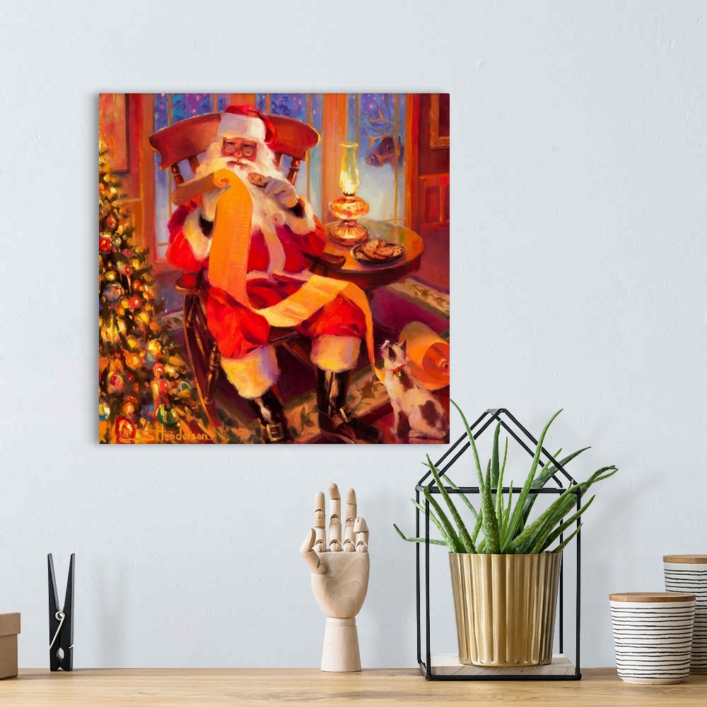 A bohemian room featuring Traditional representational holiday Christmas painting of Santa Claus playing with a train set w...