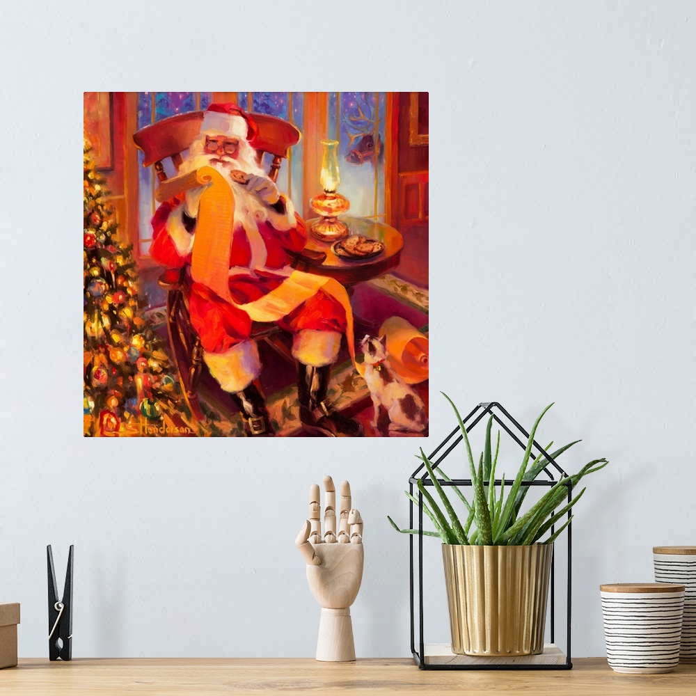 A bohemian room featuring Traditional representational holiday Christmas painting of Santa Claus playing with a train set w...