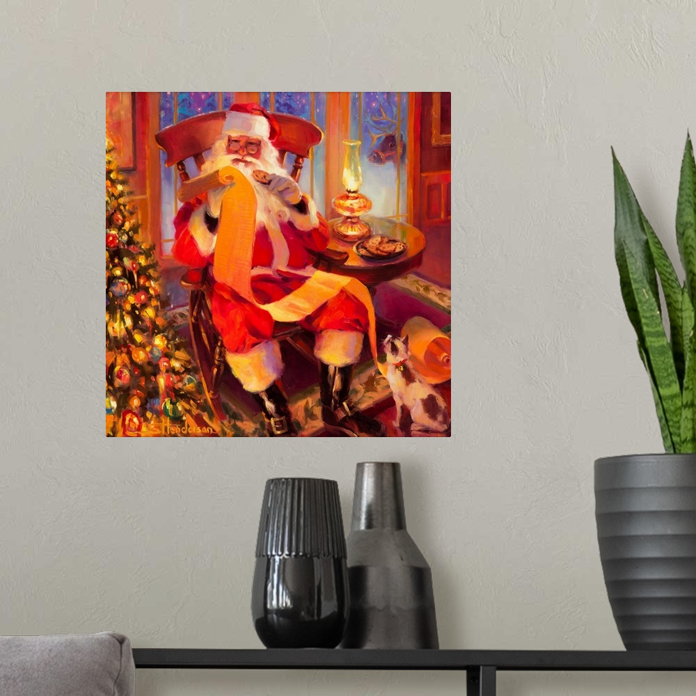 A modern room featuring Traditional representational holiday Christmas painting of Santa Claus playing with a train set w...