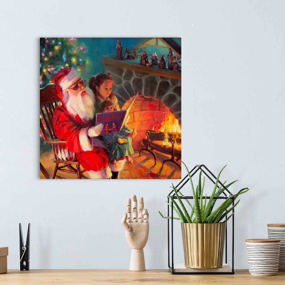 A bohemian room featuring Traditional representational holiday Christmas painting of Santa sitting in a rocking chair, eati...