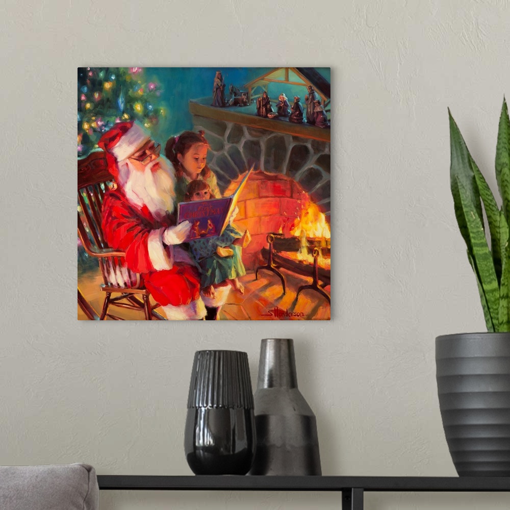 A modern room featuring Traditional representational holiday Christmas painting of Santa sitting in a rocking chair, eati...