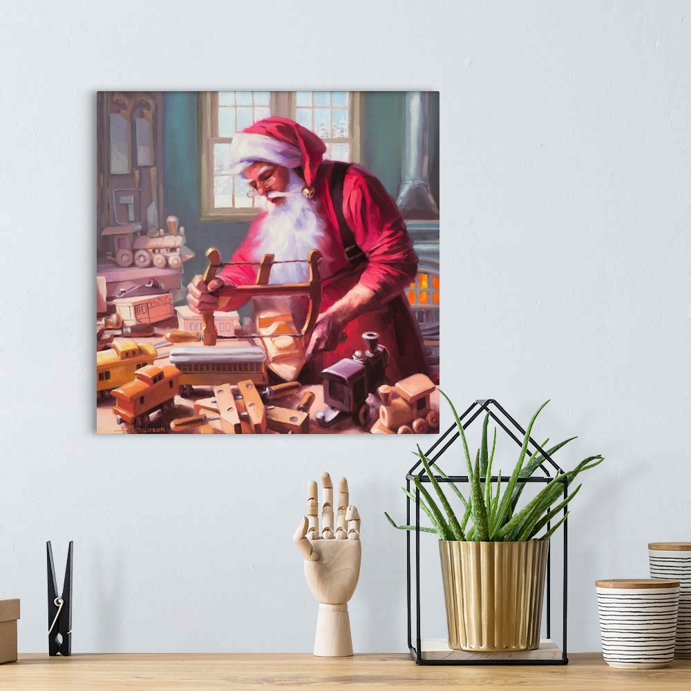 A bohemian room featuring Traditional representational holiday Christmas painting of Santa Claus reading the Nativity Story...