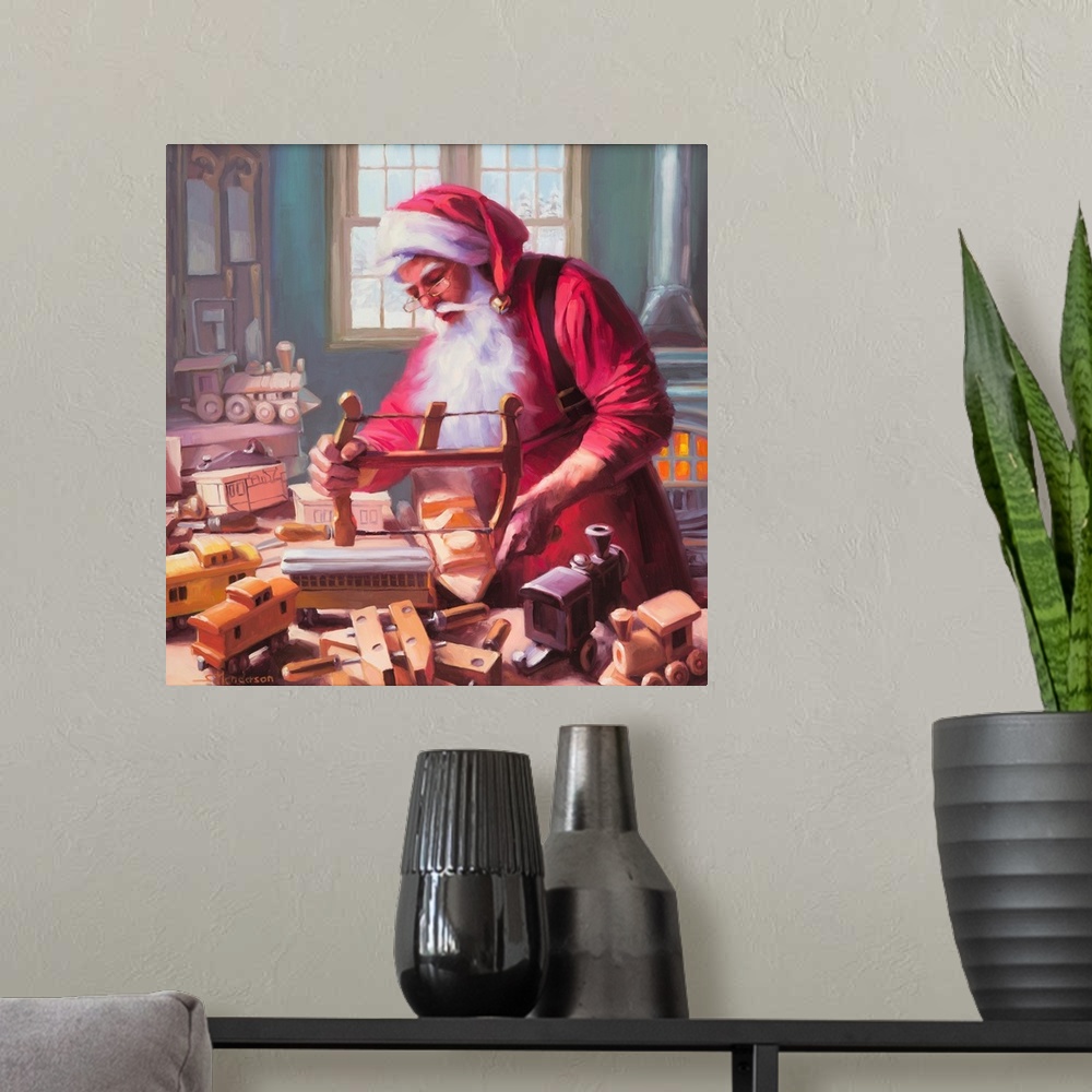 A modern room featuring Traditional representational holiday Christmas painting of Santa Claus reading the Nativity Story...