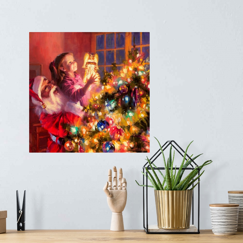 A bohemian room featuring Traditional representational holiday Christmas painting of Santa Claus making toys in his North P...