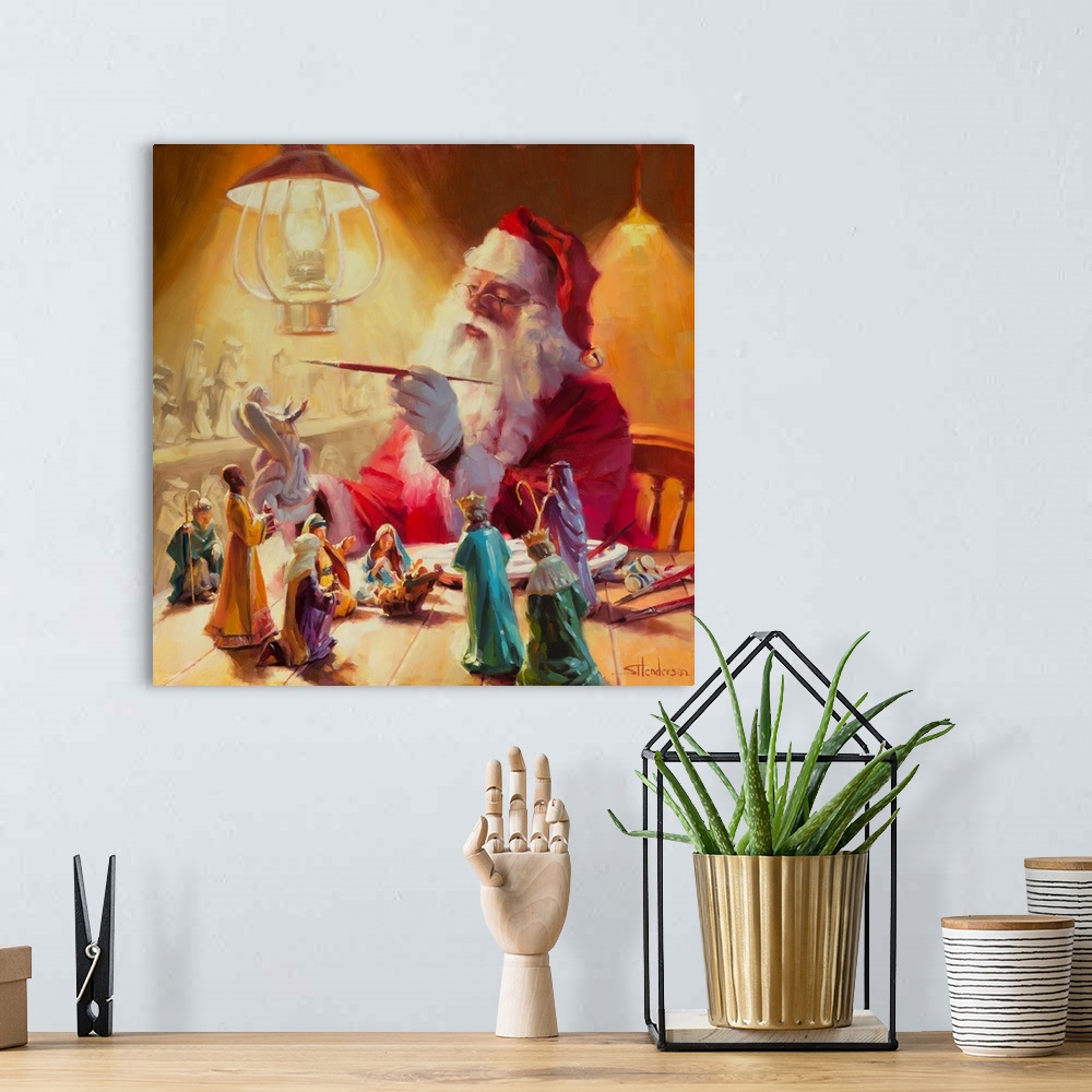 A bohemian room featuring Traditional representational holiday Christmas painting of Santa Claus holding a little girl up s...