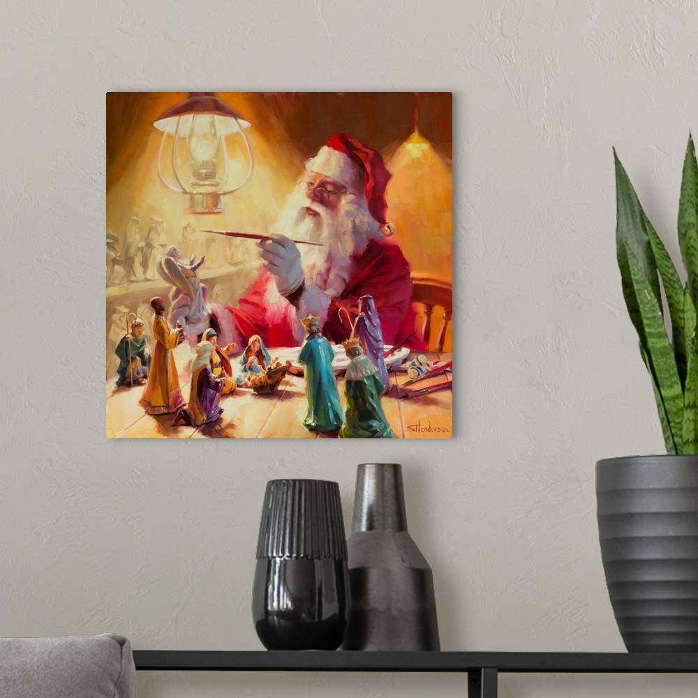 A modern room featuring Traditional representational holiday Christmas painting of Santa Claus holding a little girl up s...