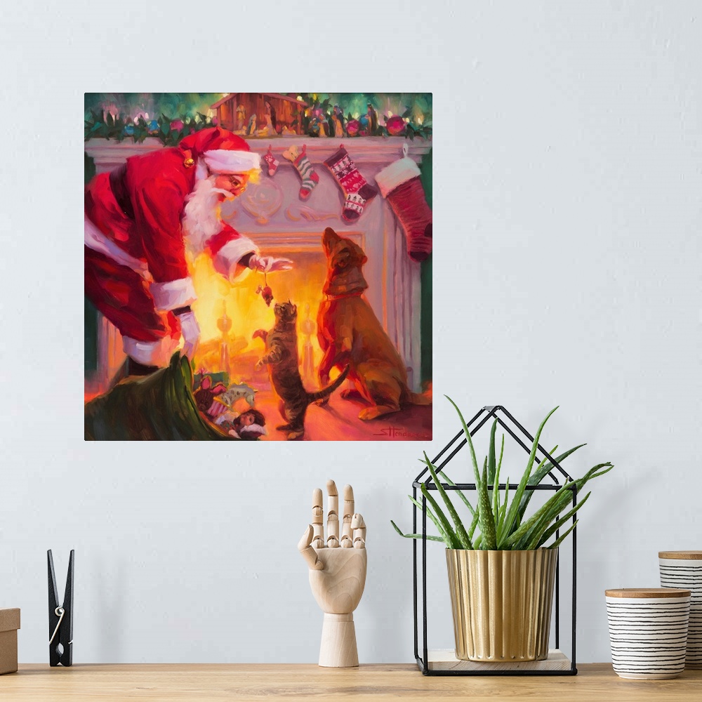 A bohemian room featuring Traditional representational holiday Christmas painting of Santa Claus painting a Nativity set in...