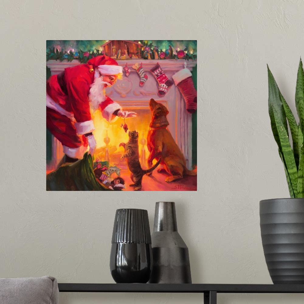 A modern room featuring Traditional representational holiday Christmas painting of Santa Claus painting a Nativity set in...