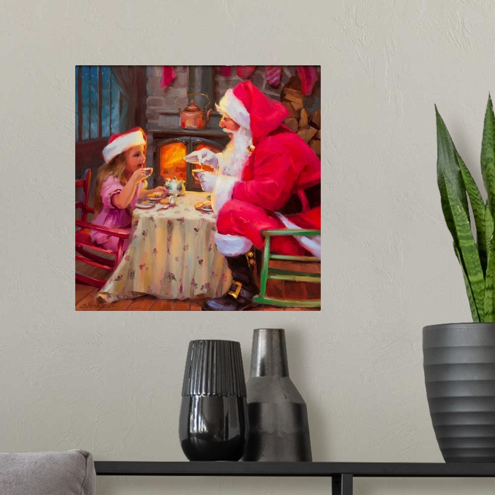 A modern room featuring Traditional representational holiday Christmas painting of Santa Claus, and the family cat and do...