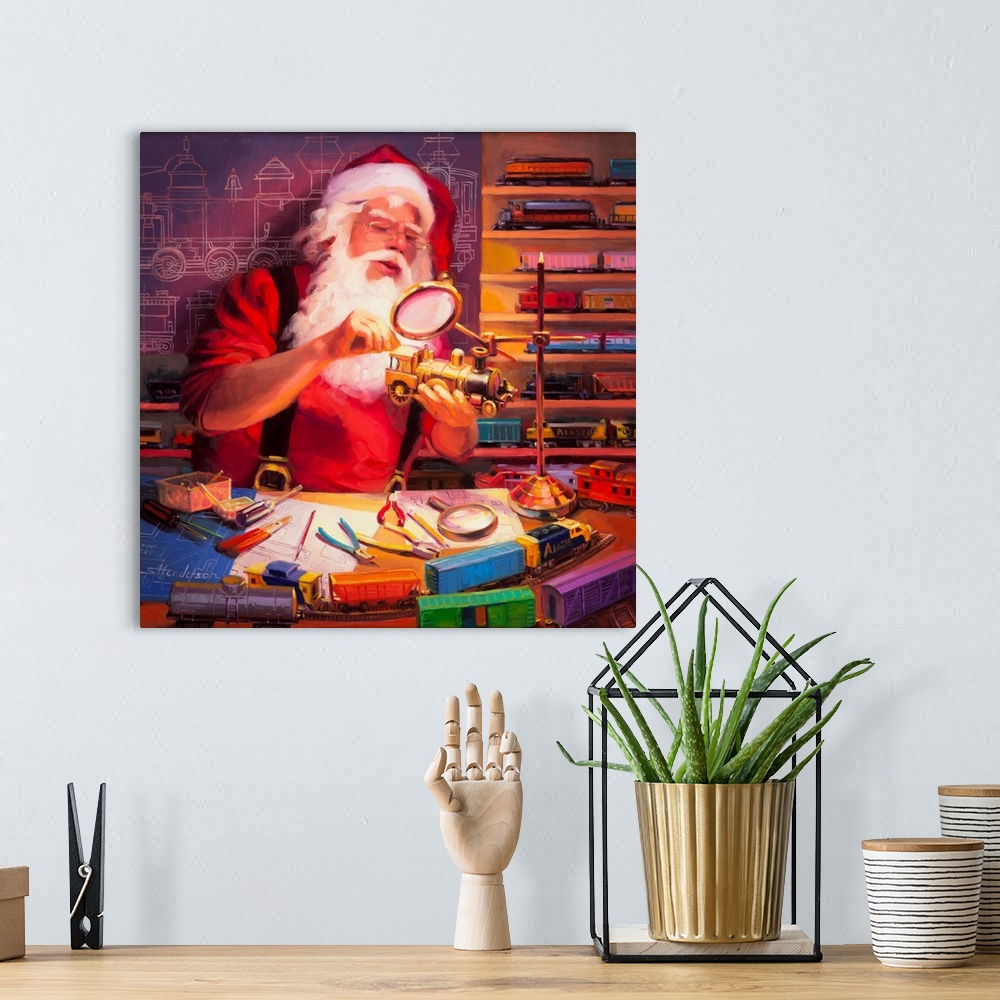 A bohemian room featuring Traditional representational holiday Christmas painting of Santa Claus and little girl enjoying a...