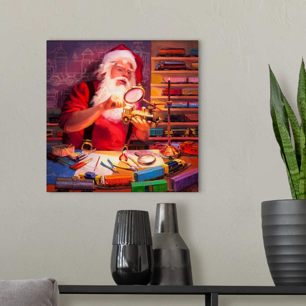 A modern room featuring Traditional representational holiday Christmas painting of Santa Claus and little girl enjoying a...