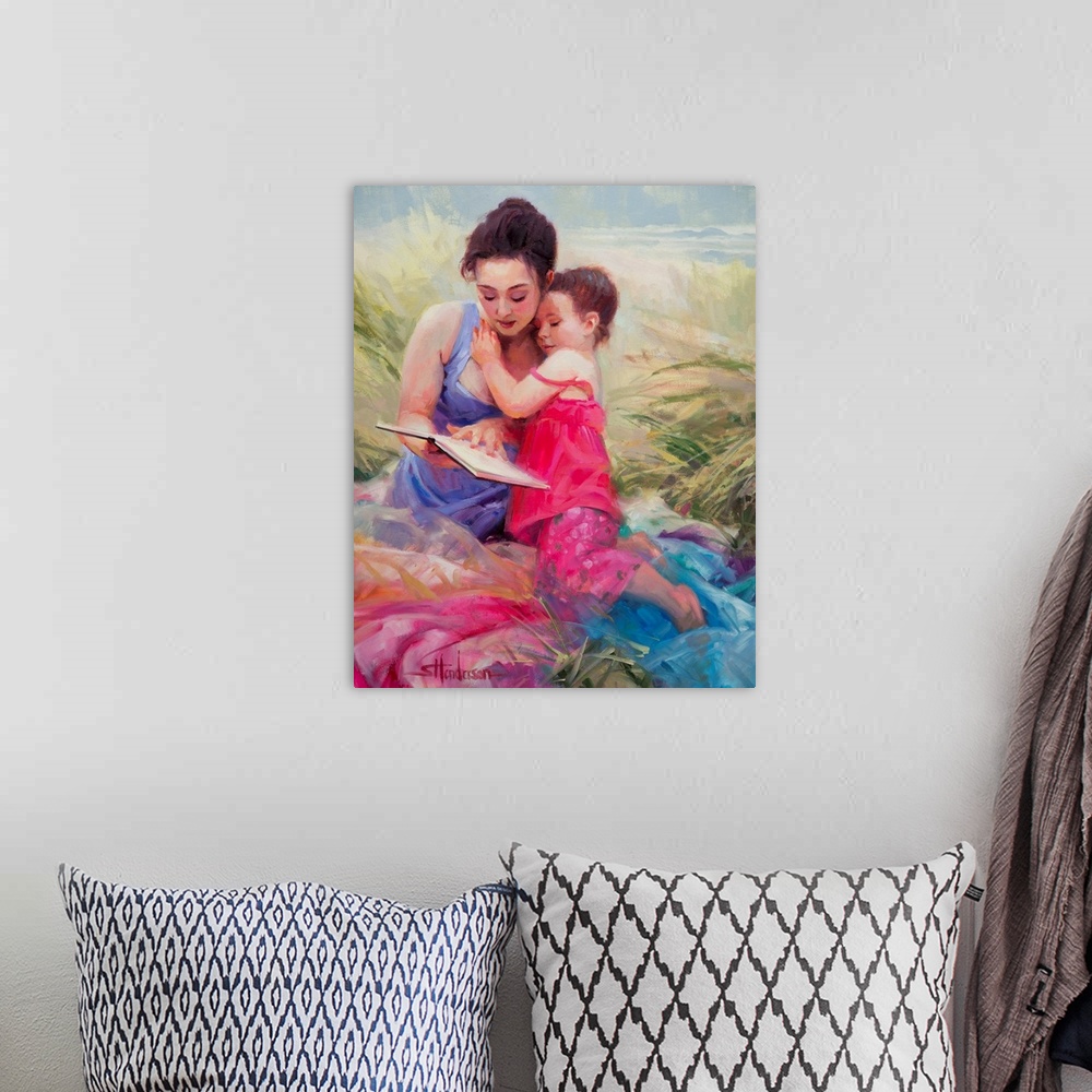 A bohemian room featuring Traditional representational painting of a toddler girl and her mother picnicking on the beach sa...