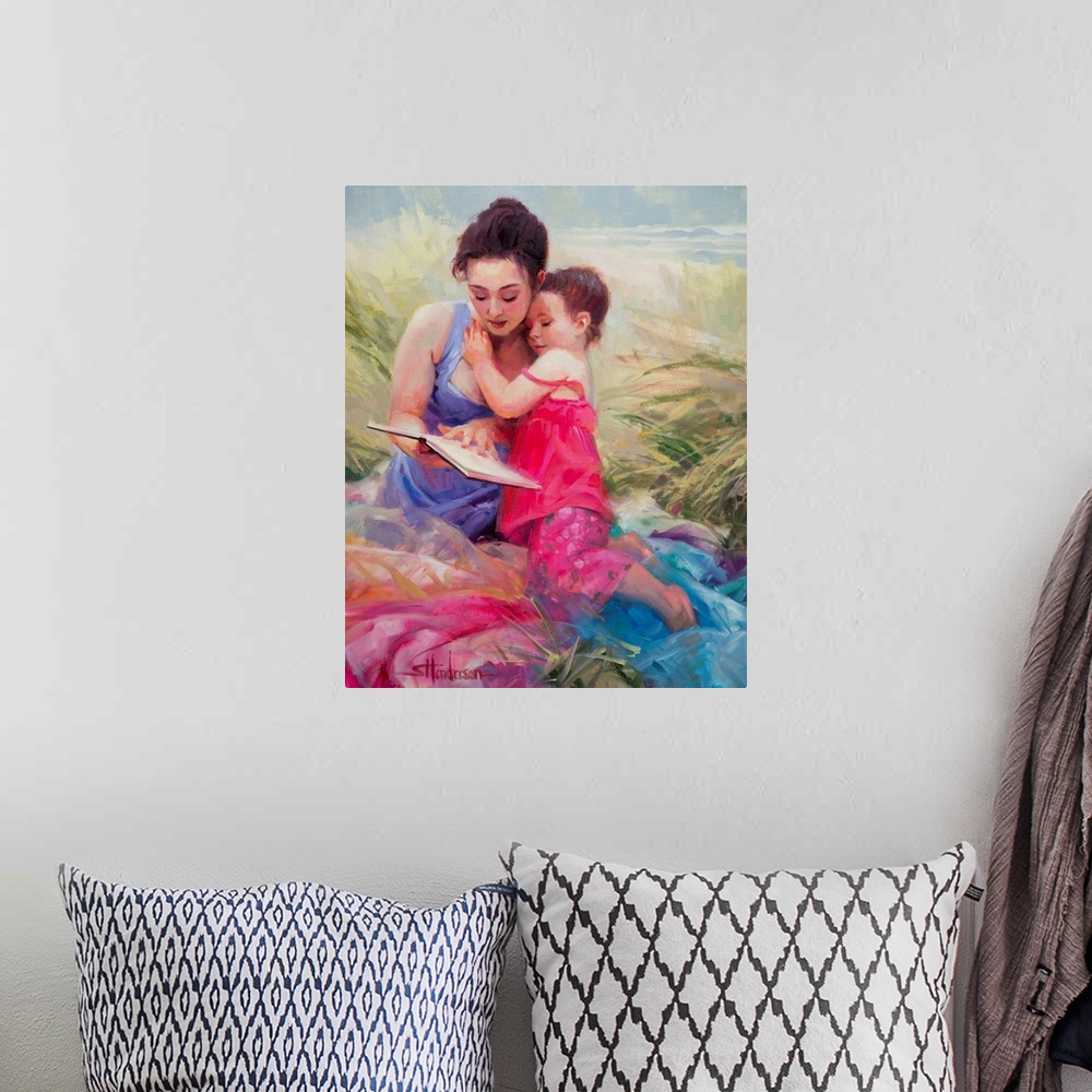 A bohemian room featuring Traditional representational painting of a toddler girl and her mother picnicking on the beach sa...