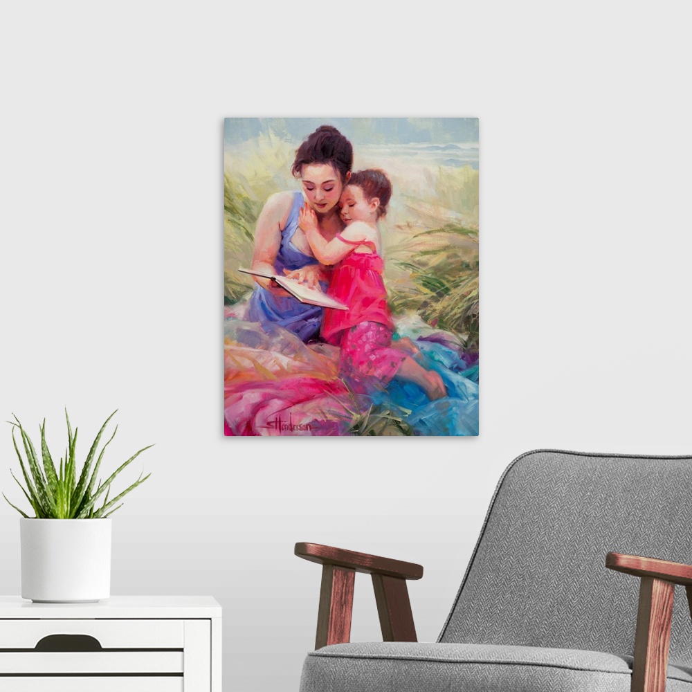 A modern room featuring Traditional representational painting of a toddler girl and her mother picnicking on the beach sa...