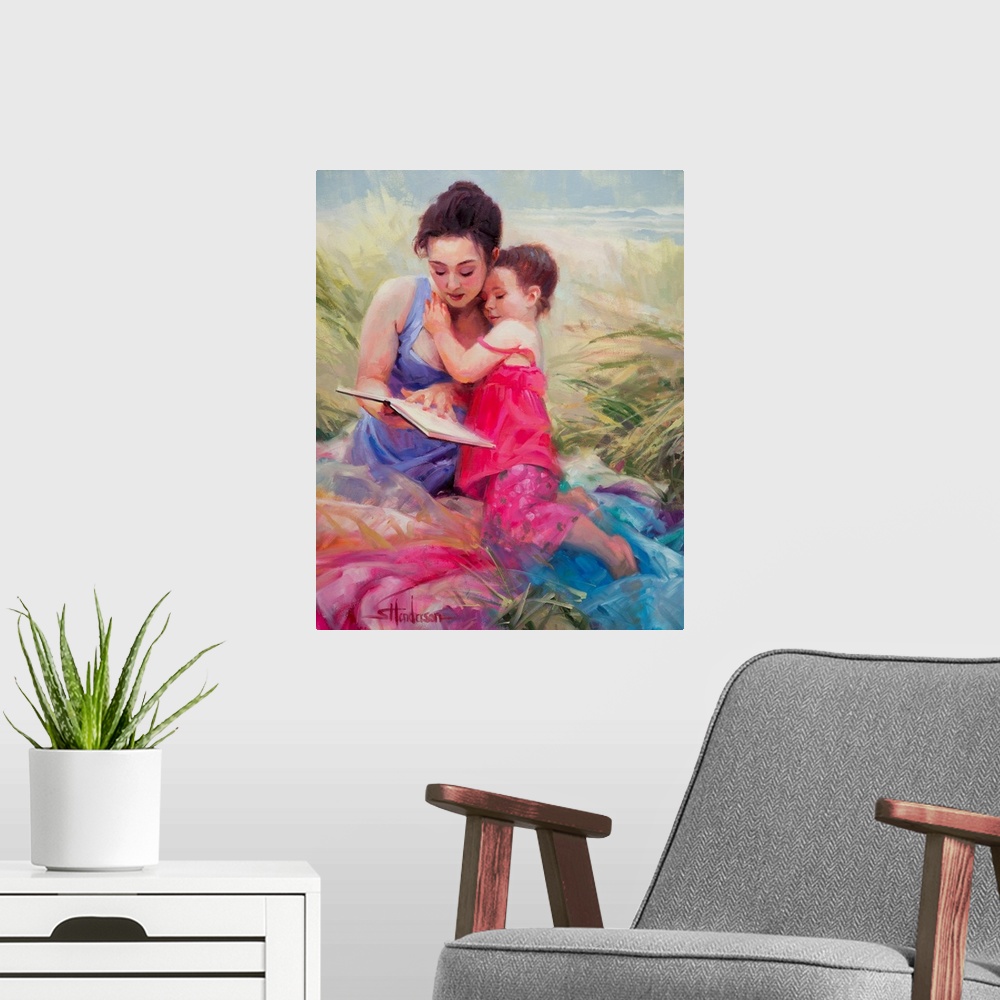 A modern room featuring Traditional representational painting of a toddler girl and her mother picnicking on the beach sa...