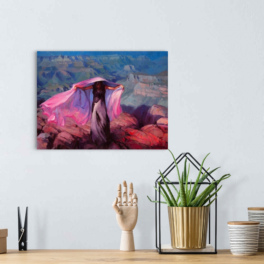A bohemian room featuring Traditional impressionist landscape of an indigenous woman wrapped in purple cloth, head bowed an...