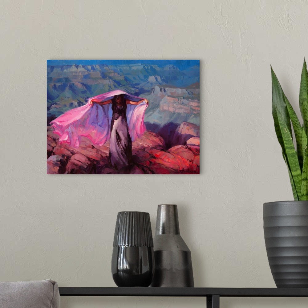 A modern room featuring Traditional impressionist landscape of an indigenous woman wrapped in purple cloth, head bowed an...