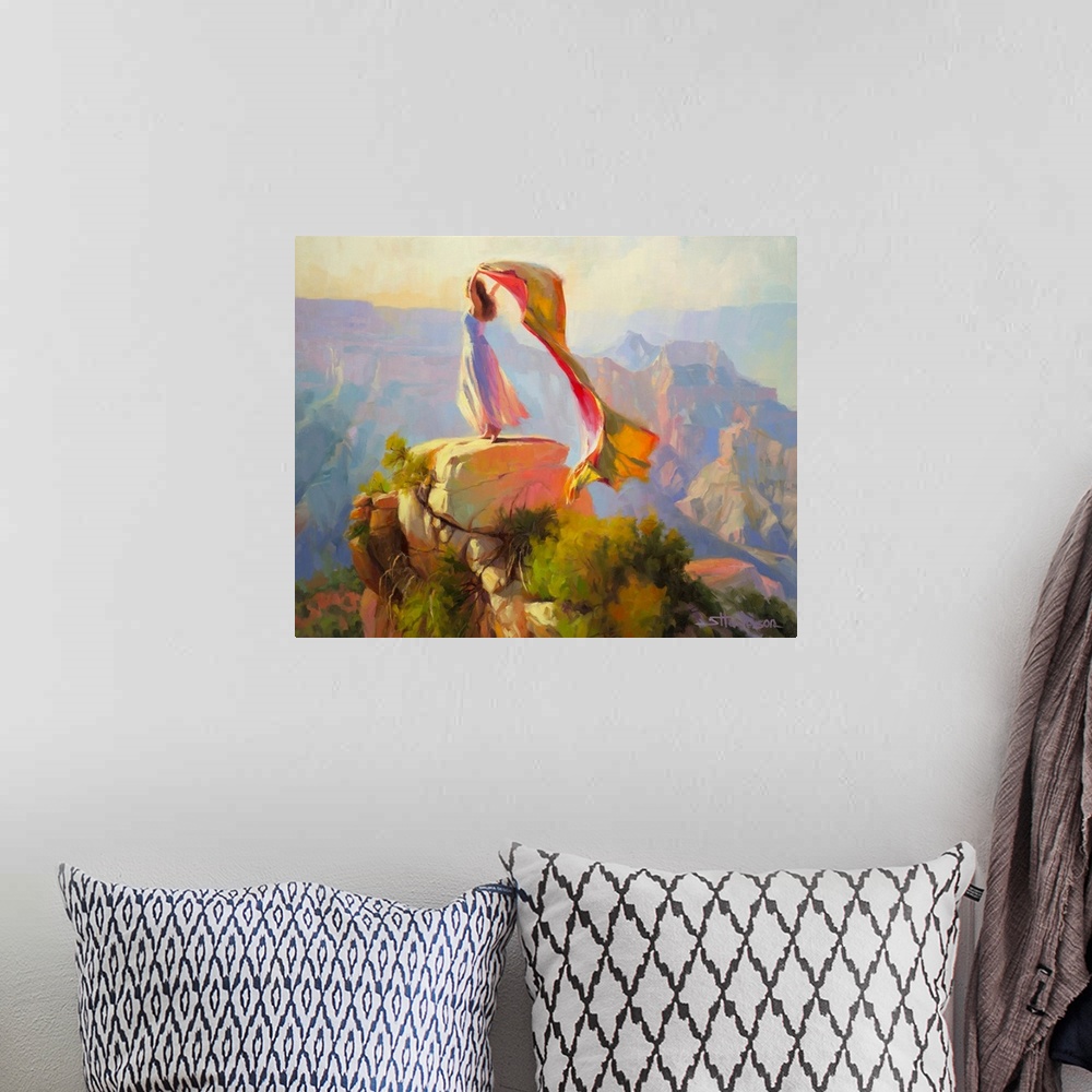 A bohemian room featuring Traditional impressionist painting of faerie sprite standing on rock in Grand Canyon, arms raised...