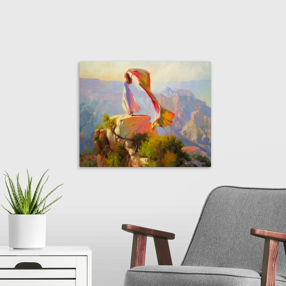 A modern room featuring Traditional impressionist painting of faerie sprite standing on rock in Grand Canyon, arms raised...
