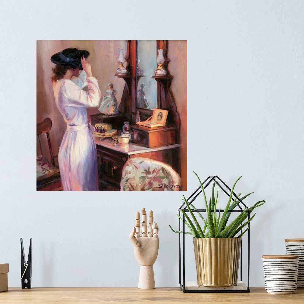 A bohemian room featuring Traditional representational nostalgic painting of a woman in her bedroom boudoir trying on a hat...