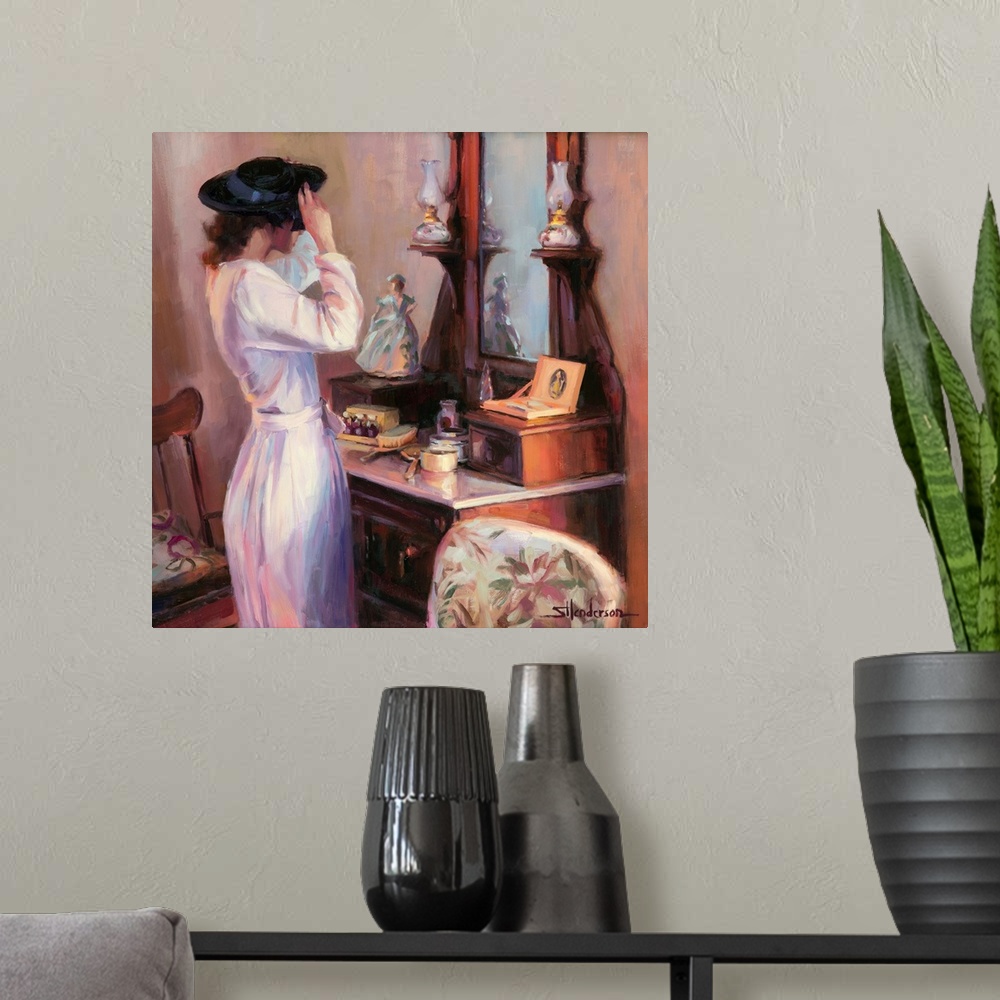 A modern room featuring Traditional representational nostalgic painting of a woman in her bedroom boudoir trying on a hat...