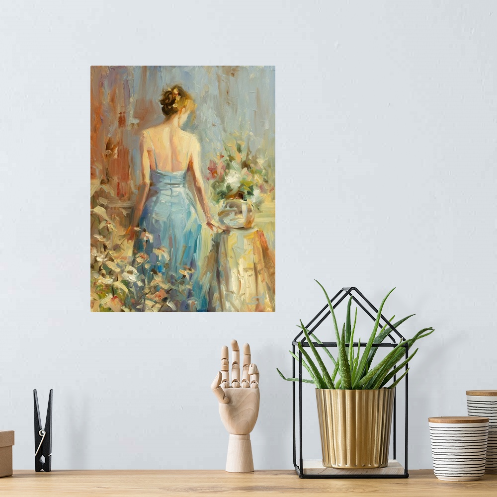 A bohemian room featuring Traditional impressionist painting of an elegant woman in a blue dress in a boudoir or bedroom, s...