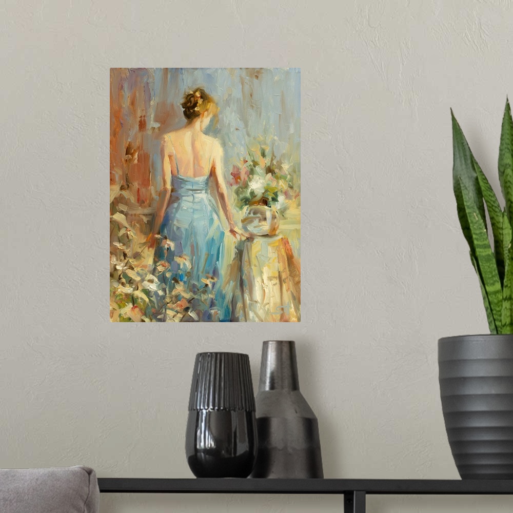A modern room featuring Traditional impressionist painting of an elegant woman in a blue dress in a boudoir or bedroom, s...