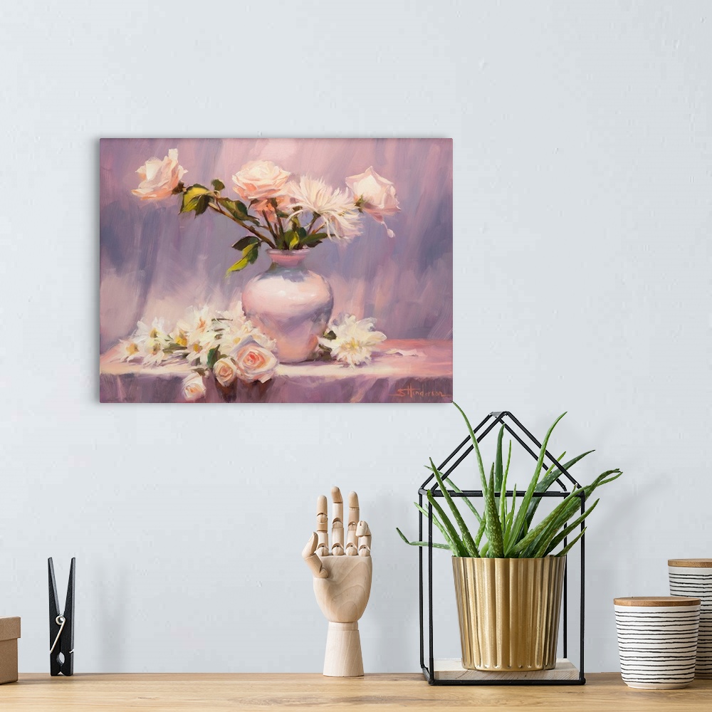 A bohemian room featuring Traditional impressionist still life painting of a country vase of flowers with a shabby chic air.